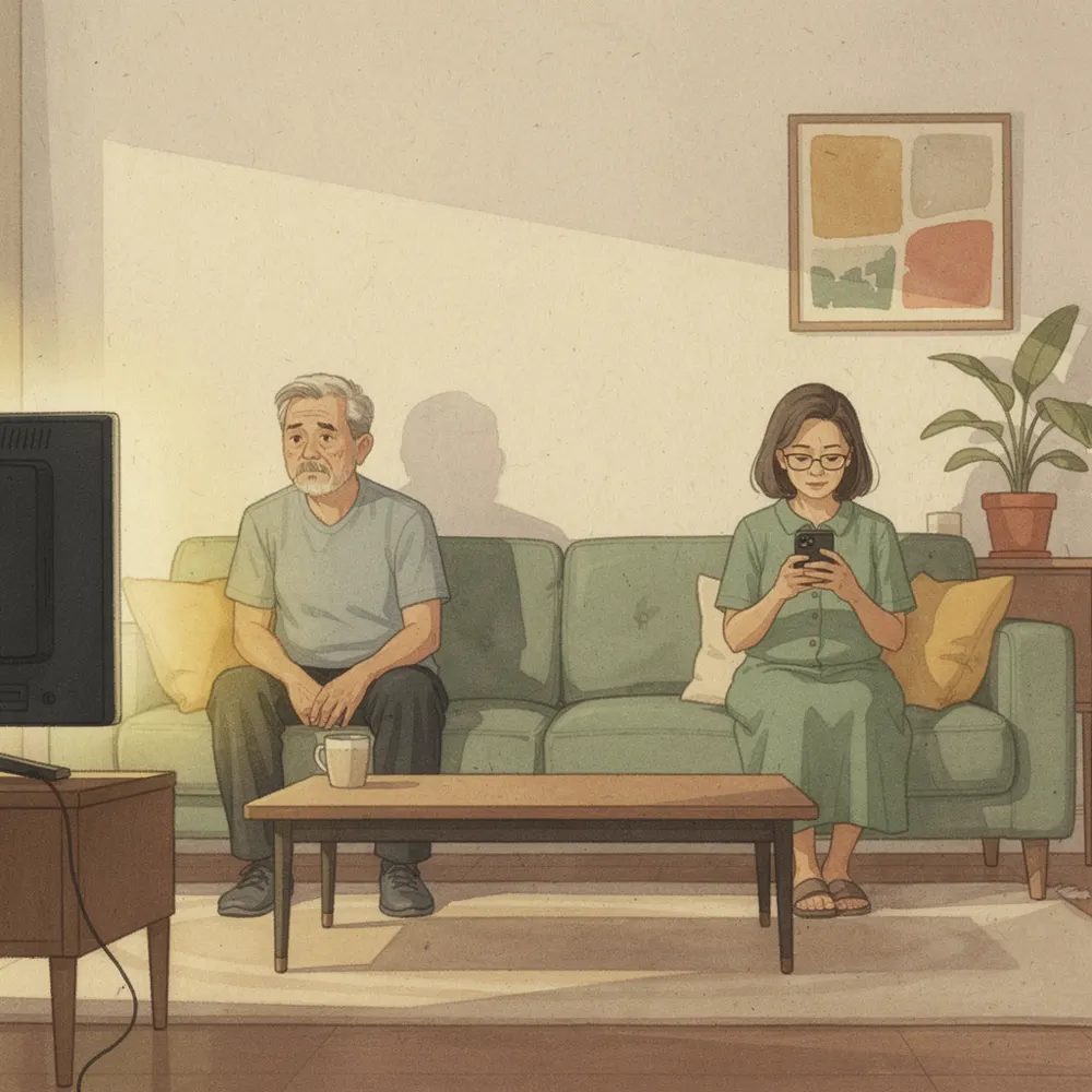 Ilustrasi pasangan duduk berjauhan di sofa